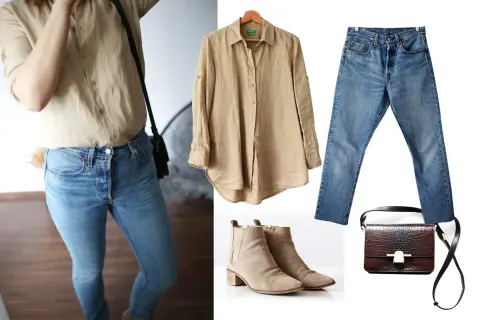 Klasyczne levis 501 stylizacje: beżowa koszula, jeansy, botki i torebka.