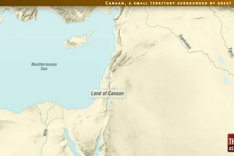 Mapa starożytnego Bliskiego Wschodu z zaznaczonym Kanaanem, Morzem Śródziemnym, Nilem, Eufratem i Tygrysem.