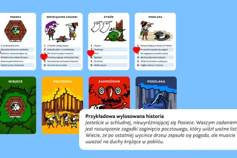 Karty do gry planszowej: Pasieka, Rozwiązanie zagadki, Stwór, Poszlaka. Ilustracje do gry imprezowej.