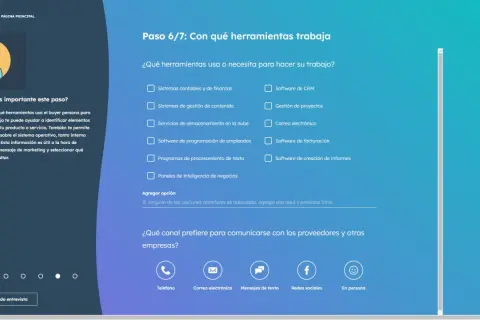 Paso 6/7: Herramientas del buyer persona. Pregunta sobre software y canales de comunicación.
