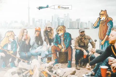 Amigos antropomórficos y humanos disfrutan de una fogata en Canadá, un intercambio cultural con el logo de "Dingoos".