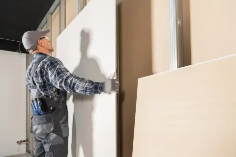 Operaio con guanti e tuta grigia maneggia un pannello di cartongesso, mostrando come togliere il cartongesso per ristrutturazioni.