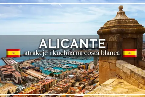 Widok na Alicante, z portem pełnym łodzi i urokliwym stare miasto. Obok kamiennej wieży widnieje hiszpańska flaga.