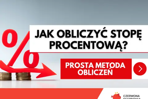 Czerwony symbol procentu i strzałka wskazująca w dół nad monetami.