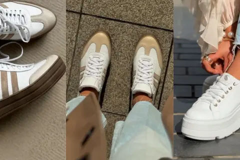 Stylowe sneakersy co to za buty? Białe, skórzane, z beżowymi akcentami i grubą podeszwą. Idealne na co dzień.