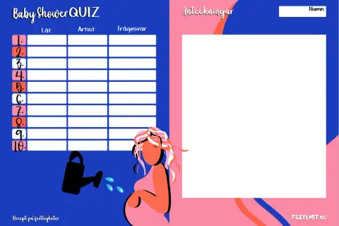 Baby Shower QUIZ-formulär med plats för låt, artist och svar. En illustration av en gravid kvinna och en vattenkanna. Perfekt för lekar på babyshower.