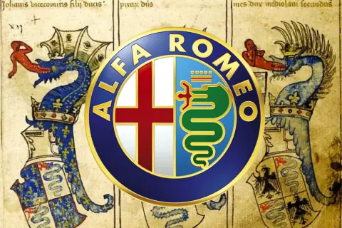 Alfa Romeo logo na tle średniowiecznych herbów z smokami. Symbolizuje połączenie historii i motoryzacji.