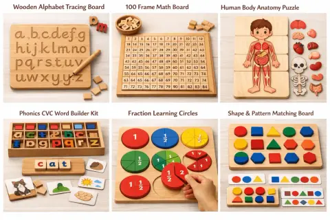 Montessori toys vs regular toys: wooden alphabet board, math board, anatomy puzzle, phonics kit, fraction circles, and shape matching.