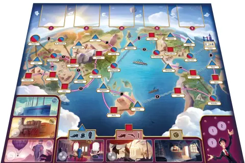 Spielbrett für "In 80 Tagen um die Welt". Spieler reisen mit Schiff und Bahn um den Globus, um das Ziel London zu erreichen.