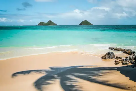 Playa de arena dorada con aguas turquesas y dos islas verdes al fondo. La sombra de una palmera se proyecta en la arena, ideal para pensar en la mejor época para ir a Hawái.