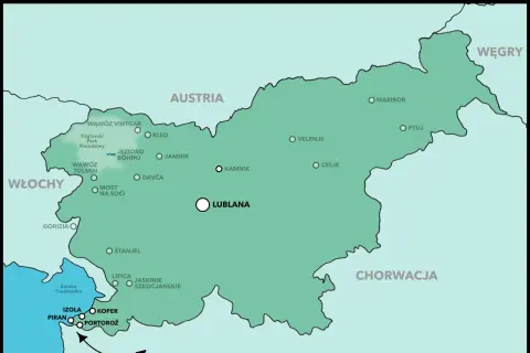 Mapa Słowenii z zaznaczonym wybrzeżem. Widać miasta takie jak Piran, Izola, Koper, Portorož, które tworzą słowenia morze.