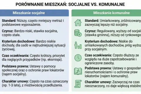 Porównanie mieszkań: socjalne vs. komunalne. Mieszkanie socjalne to niższy standard, niski czynsz i kryterium dochodowe dla osób w trudnej sytuacji.