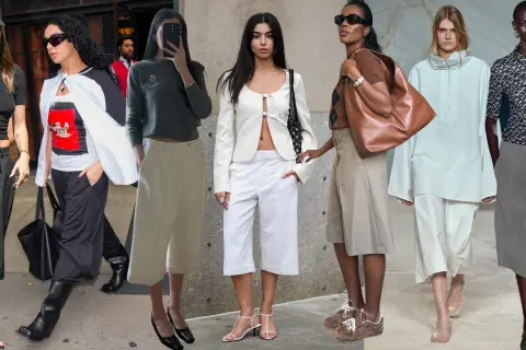 Moda con pantaloni culotte e scarpe eleganti o sportive. Diverse donne mostrano outfit con pantaloni culotte in vari colori e tessuti, abbinati a scarpe che completano lo stile.