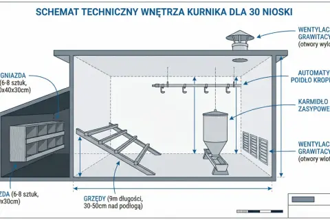 Schemat kurnika dla 30 kur niosek: gniazda, grzędy, karmidło, poidełko i wentylacja. Podstawy jak hodować kury nioski.