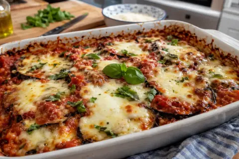 Aubergine, tomate et mozzarella au four, un plat gratiné et savoureux. Parfait pour une recette d'aubergine tomate mozzarella au four.