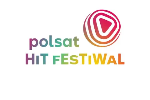 Logo Polsat Hit Festiwal z kolorowym symbolem i napisem.