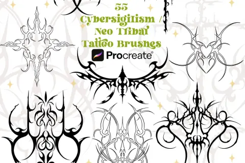 Zbiór 55 pędzli Procreate z motywami neo tribal, idealnych do tworzenia futurystycznych tatuaży.