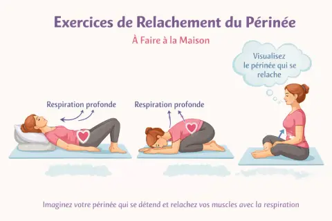Exercices de relaxation du périnée à la maison. Kine pour rééducation périnéale, avec des postures et respiration profonde pour relâcher les muscles.