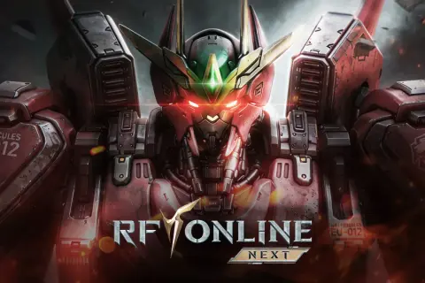 Potężny mech z gry "Rangers of Oblivion" z czerwonymi, świecącymi oczami i złotymi elementami.