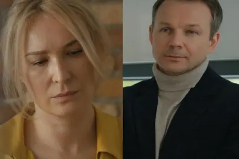 Kobieta zamyślona, obok mężczyzna w golfie i marynarce. Czy to siostra Bruna i jej brat?