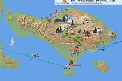 Mapa Bali z zaznaczoną trasą 16-dniowej wycieczki "Wyspa bogów i kwiatów". Zobacz miejsca takie jak Ubud, Kuta, Lovina i wulkany. Idealna dla Twojego bali bloga.
