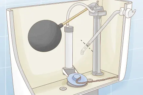 Diagram of a toilet tank's internal mechanism, showing the float ball, fill valve, and flush valve. The lever arm for the toilet handle appears loose.
