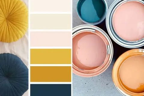 Palette de couleurs inspirée par des coussins et des pots de peinture. Idéal pour trouver couleur peinture à partir d'une photo.