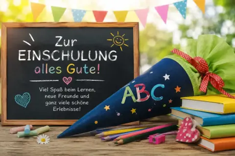 Schultüte mit ABC, Tafel mit "Zur Einschulung alles Gute!" und bunte Stifte. Perfekt für die Frage: was schreibt man zur einschulung.