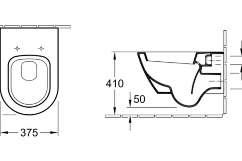 Rysunek techniczny miski WC. Wymiary: szerokość 375 mm, wysokość całkowita 565 mm, wysokość do górnej krawędzi miski 410 mm. Jaka wysokość miski WC od podłogi? Zależy od montażu, ale górna krawędź to 410 mm.