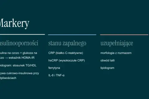 Badania insulinooporności: insulina, glukoza, HOMA-IR, lipidogram, krzywa cukrowo-insulinowa. Markery stanu zapalnego i uzupełniające.