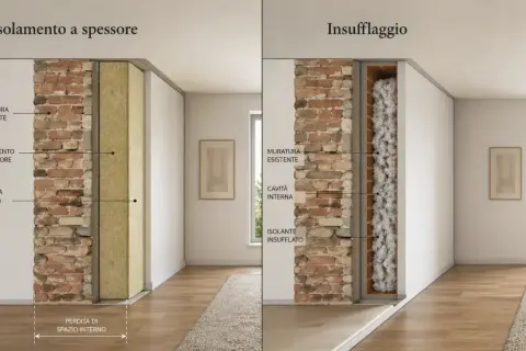 Confronto isolamento a spessore e insufflaggio pareti. L'insufflaggio è più efficiente e riduce la perdita di spazio interno, influenzando il costo.
