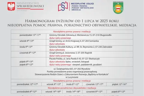 Harmonogram dyżurów od 1 lipca 2025 r. w Wyszkowie. Dowiedz się, jak wziąć adwokata z urzędu, gdzie uzyskać bezpłatną pomoc prawną i mediacje.