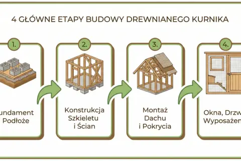 4 etapy budowy drewnianego kurnika na 30 kur: fundament, konstrukcja szkieletu, montaż dachu i wyposażenie.