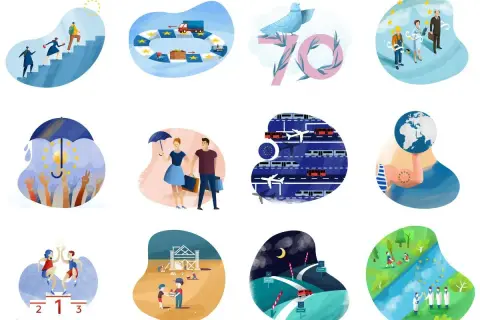 Ilustracje symbolizujące różne aspekty współpracy i rozwoju, od wspólnych celów po codzienne życie, pokazują siłę, która płynie z unii personalnej.