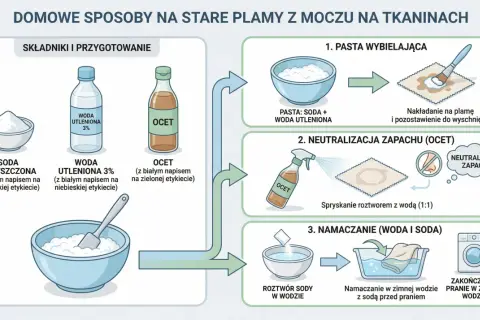 Ilustracja przedstawia składniki i etapy usuwania plam z moczu z tkanin: sodę, wodę utlenioną, ocet, pastę wybielającą, neutralizację zapachu i namaczanie.