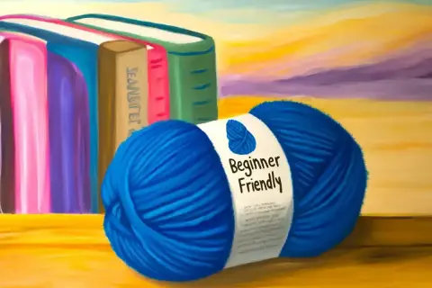 Niebieska, **lana materiał po polsku** "Beginner Friendly" obok kolorowych książek.