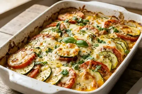 Un plat de gratin de courgettes tomates, doré et gratiné, garni de basilic frais. Un délice estival prêt à être dégusté.