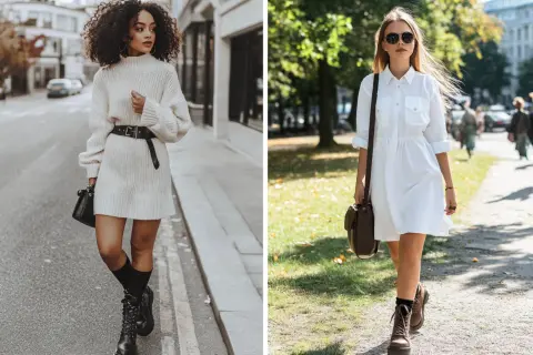 Due donne con abiti bianchi. Una con stivali neri, l'altra con stivali marroni. Come abbinare scarpe a un abito bianco e nero?