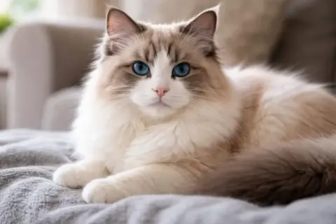 Uroczy kot rasy Ragdoll z niebieskimi oczami leży na szarym kocu.