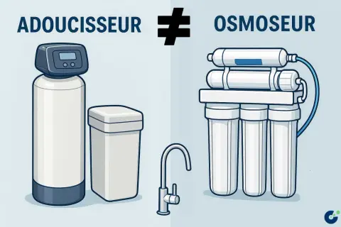 Comparaison entre un adoucisseur et un osmoseur, illustrant les différences dans le traitement de l'eau par osmose.