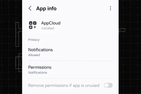 Informations sur l'application AppCloud sur Samsung. Notifications autorisées, permissions à gérer.