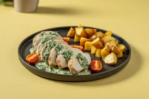 Pokrojona pierś z kurczaka ze szpinakiem w sosie śmietanowym, podana z pieczonymi ziemniakami i pomidorkami koktajlowymi.