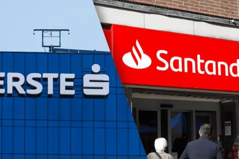 Budynek Erste Bank i wejście do placówki Santander. Zapomniałem hasła do banku Santander.