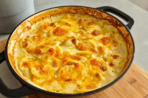 Ein goldbraun überbackenes Kartoffelgratin im schwarzen Gusseisen-Auflauf, perfekt für ein gemütliches Kartoffelgratin Rezept.