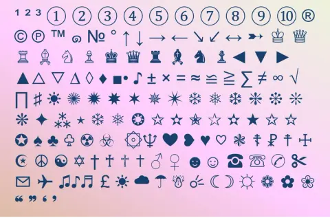 Zbiór symboli matematycznych i graficznych, w tym cyfry, strzałki, figury geometryczne, symbole religijne i inne.