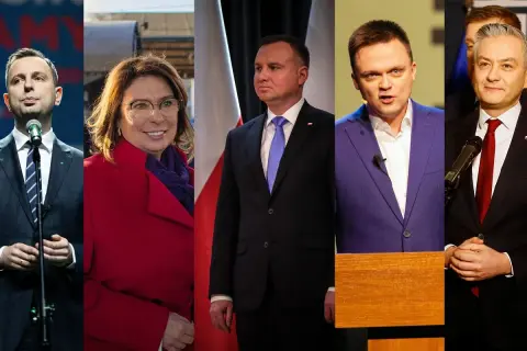 Pięciu kandydatów na prezydenta Polski, w tym Andrzej Duda, w garniturach i z mikrofonami, gotowi do debaty.