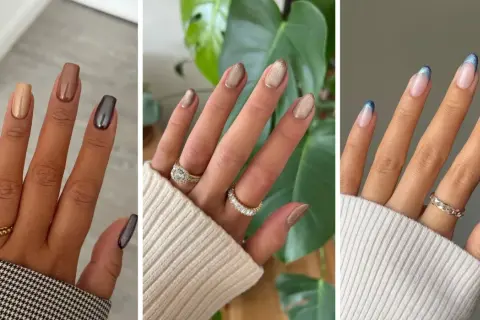 Trois mains aux ongles courts et soignés : nudes et métalliques, pailletés dorés, ou french manucure bleue. Une belle idée ongle court pour chaque style.