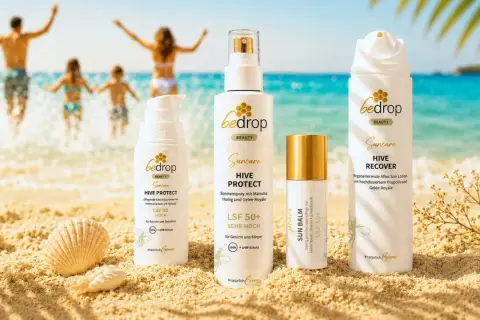 Strandtag mit Familie und bedrop Suncare Produkten. Sonnenschutz mit Sheabutter schützt die Haut.