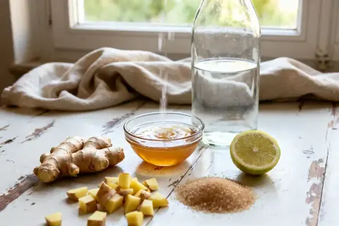 Préparation du jus de gingembre : gingembre frais, citron, miel et sucre brun sur une table en bois.