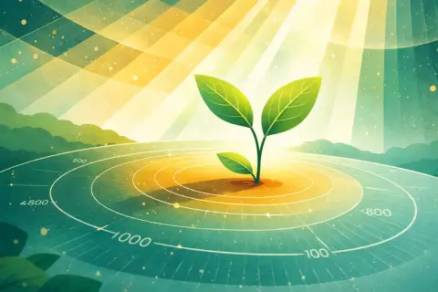 En grön planta växer i solljus, som en reflektor som lyser upp framtiden. Cirklar med siffror indikerar tillväxt.